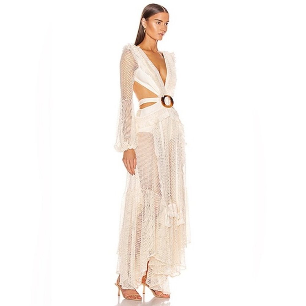 PatBO ! Netted Long Sleeve Fringe Beach Dress in Ivory ( Small )